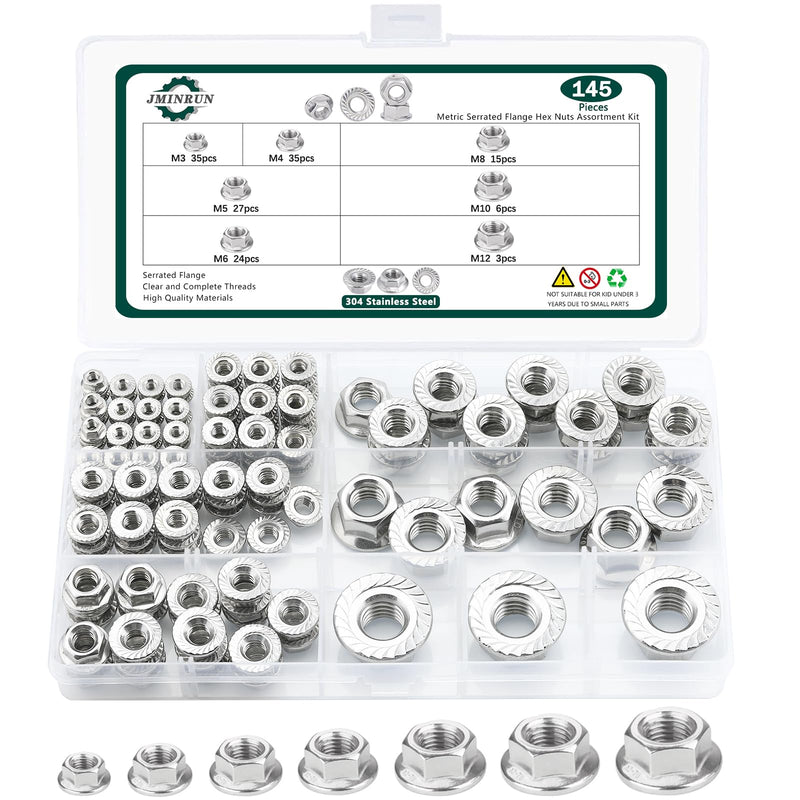 145 PCS 5 Size Metric Flange Nuts Assortment Kit, 304 Stainless Steel Serrated Flange Hex Lock Nuts-M3, M4, M5, M6, M8, M10, M12 Metric 145PCS