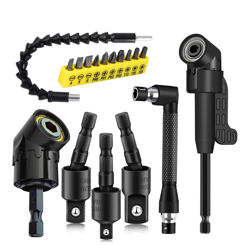 17Pcs Flexible Drill Bit Extension, Include 3Pcs Rotatable Socket Adapter 2Pcs Hex Shank 105° Right Angle Drill Attachment 10 Short Screwdriver Bits 90° Angled Bits and Bendable Drill Bit Extension 17*black
