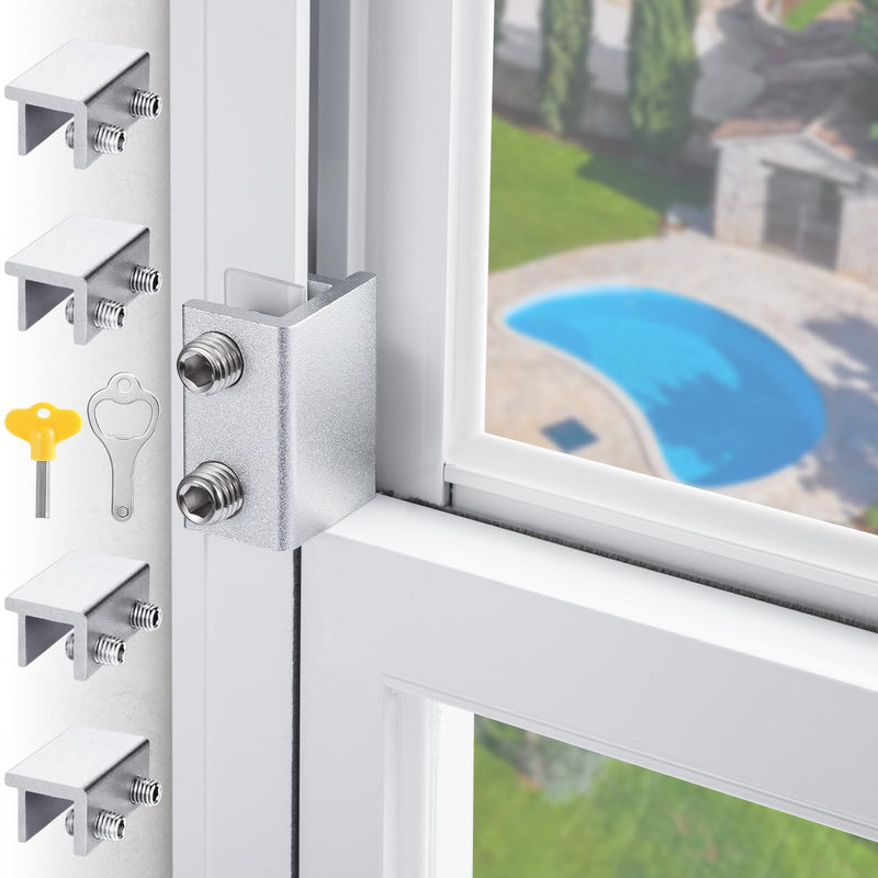 Sliding Window Locks,Window Locks for Horizontal Sliding Windows,Window Security Lock with Key,Adjustable Aluminum Easv to Install Window Stopper,Window Locks for Up and Down Windows (4 Sets Silver) 4 Set Double