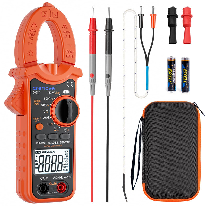 Crenova Digital Clamp Meter, TRMS Clamp Multimeter, 6000 Counts Amp Tester for AC/DC Current/Voltage, Resistance, Capacitance, Frequency, Duty Cycle, Temperature Continuity, Diode, NCV, Live Wire Test