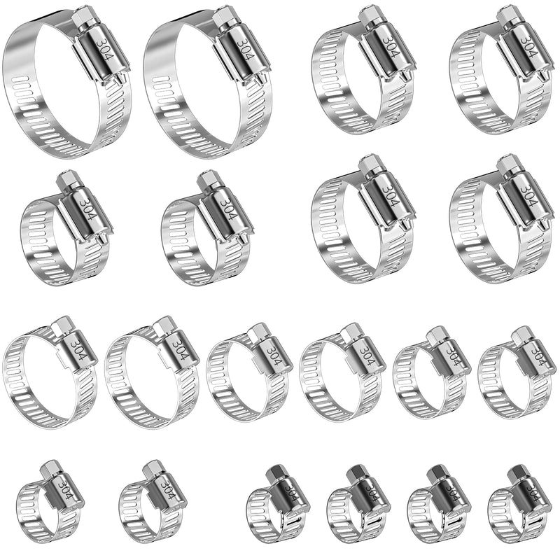 Hose Clamps Stainless Steel Assortment Kit 1/4" to 2", 20 Pcs - Heavy Duty Adjustable Metal Clamps for Radiator, Automotive, Plumbing, Fuel Line - Mechanical Hose Clamp Set, Assorted Clamps for Hoses Tv-assortment Kit-1
