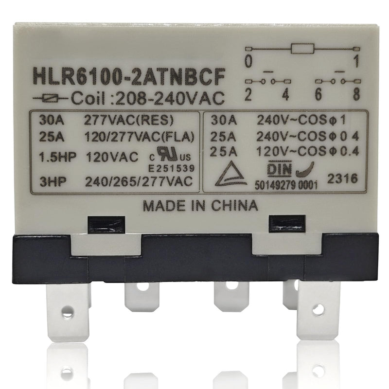 HLR6100-2ATNBCF 208-240VAC Compressor Relay – 30A 277VAC 6-Pin DPST-NO Electrical Relay with Quick Connect Terminals for High-Voltage and Inductive Loads