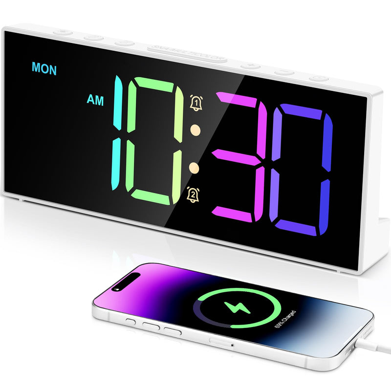 Alarm Clock with Large Display Big Numbers,5 Levels Brightness，Snooze,USB Charging Port,LED and Mirror Desk Clock,Dual Alarms Modern Electronic Clock for Bedroom Home Living Room Office. (White) White