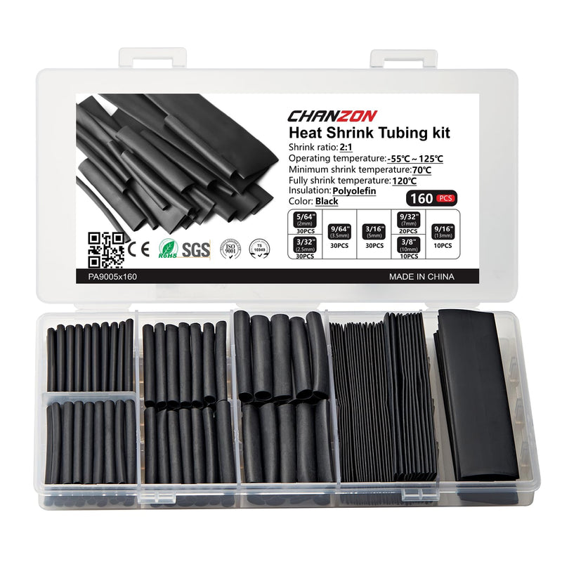 Chanzon 160 Pcs Heat Shrink Tubing Kit, 2:1 Black Heat Shrink Wrap Tubing with Length 1.5" 3" (inch), Polyolefin Sleeving 2 to 1 Heat-Shrink Tube 1.Black