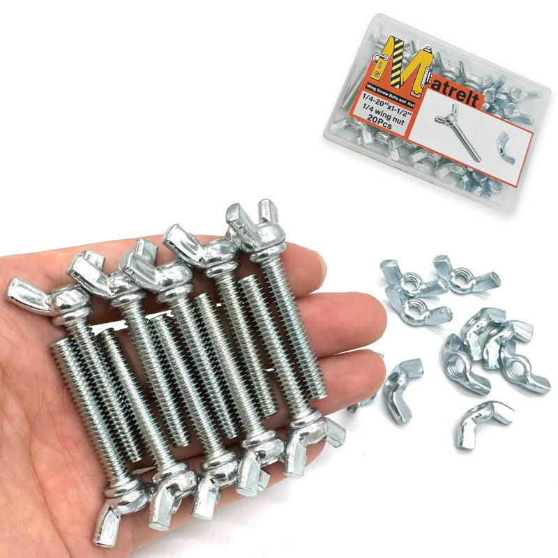 20 Sets 1/4"-20 x1-1/2 Wing Screw Bolts and Wing Nut Kit Butterfly Screws and Nut with Hand Twist Tighten Wing Head Zinc Plated Hardware Fitting Fastenings Assortment Kit Silver 10 Sets 1/4"-20 x1-1/2" WingScrews&WingNuts