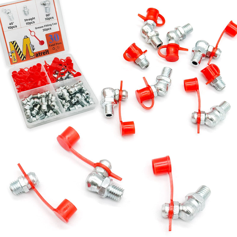 30Pcs 1/4"-28 Straight 45 90 Degree Grease Fitting Assortment Kit with Grease Zerk Fittings Caps, Galvanized Steel Hydraulic Grease Zerk for Industrial and Agricultural Machinery Cars Ships ets 1/4"-28-30 Pcs