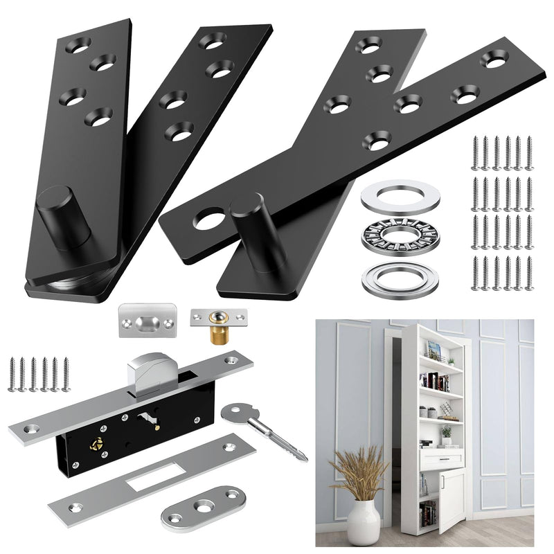 Door Pivot Hinges Heavy Duty, 360 Hidden Hinge Kit for Murphy Bookshelf | Fits wooden bookshelves and concealed cabinets, medium size, advanced lock style, secret door hardware