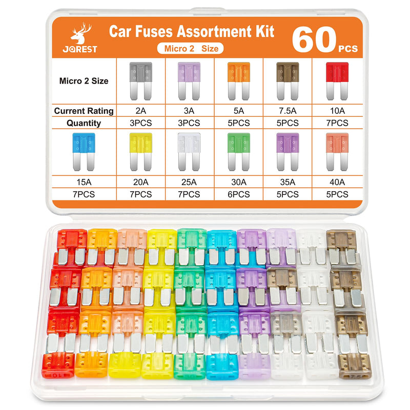 JOREST 60Pcs Micro Assorement Fuses Kit -Micro2 Fuse kit, Micro 2 Automotive Replacement Fuses for Car RV Truck Motorcycle(2Amp 3A 5A 7.5A 10A 15A 20A 25A 30A 35A 40A) 60 Micro2