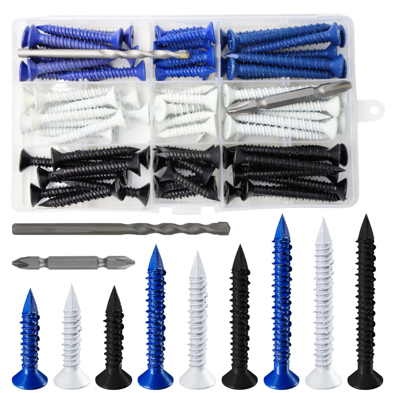 Wensilon(105 PCS) 3/16" Concrete Screw Anchor Kit Blue/Black/White Flat Head for Anchoring to Masonry, Block or Brick Stucco 3/16”