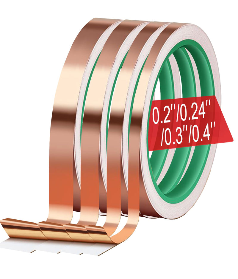 Copper Foil Tape for Stained Glass Assorted Sizes 0.2/0.24/0.3/0.4Inch x 22Yards 4 Rolls Copper Foil Tape Copper Sheilding Tape for Guitars EMI Shielding Soldering Tape Copper Foil Electrical Repairs Double-sided conductive 0.2/0.24/0.3/0.4In*66Ft