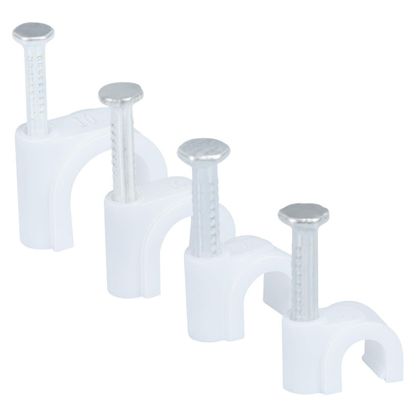 LeMotech 200pcs Cable Clips 5/6/8/10mm Cable Nail Clips Cable Tacks Coaxial Nail Clamps for Cable Cord Management RG6 RG59 CAT5 CAT6 RJ45 Electrical Ethernet Coaxial Clamps, White Round (5/6/8/10mm) 200