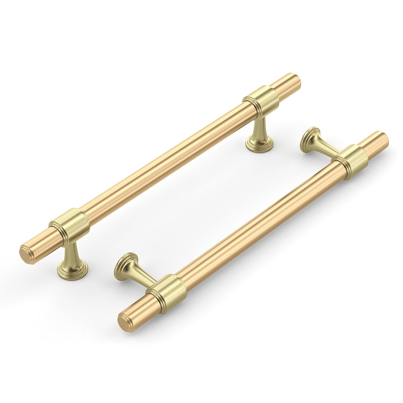 Haliwu 10 Pack Brushed Brass Cabinet Pulls, 5 Inch Hole Center Drawer Pulls, Gold Handles, Zinc & Aluminum Alloy Brushed Finish, Hardware for Bathroom and Kitchen, Two Gold Colors 5 inch (128mm) hole spacing