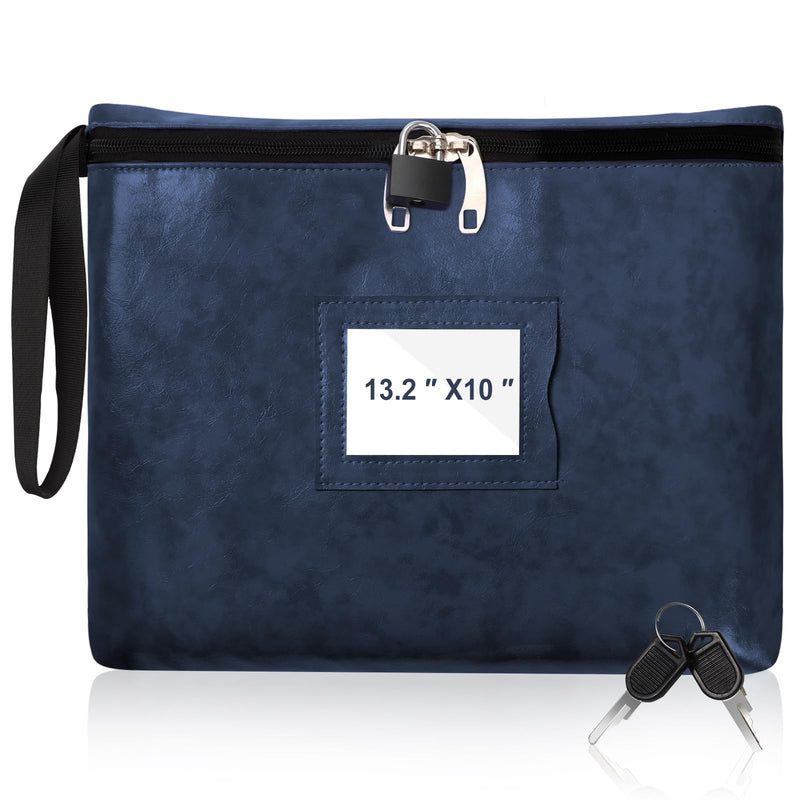 Blue Leather Notary Bag with Lock - 13.2 * 10 Inches, Cash Bag with Zipper and 2 Keys for Document and Passport Storage Blue