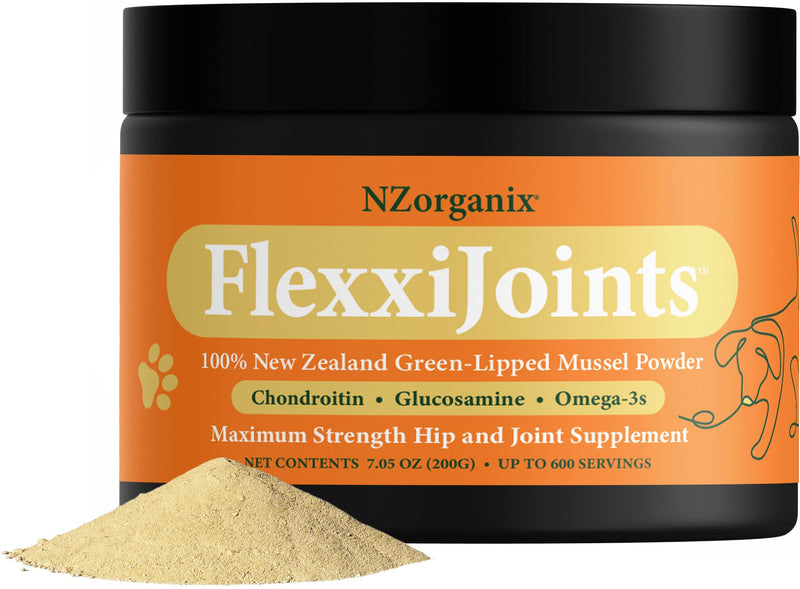 NZorganix FlexxiJoints 100% New Zealand Green-Lipped Mussel Powder, Hip & Joint Support Formula for Dogs & Cats, with Glucosamine, Chondroitin 200g (600 Servings) - PawsPlanet Australia