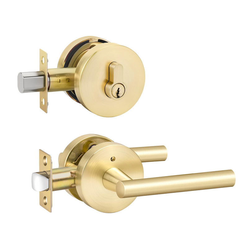 goldenwarm 1 Pack Exterior Gold Door Handle with Deadbolt, Single Cylinder Deadbolt and Entry Door Handle Set,Brushed Gold Front Door Lock Set Deadbolt Set