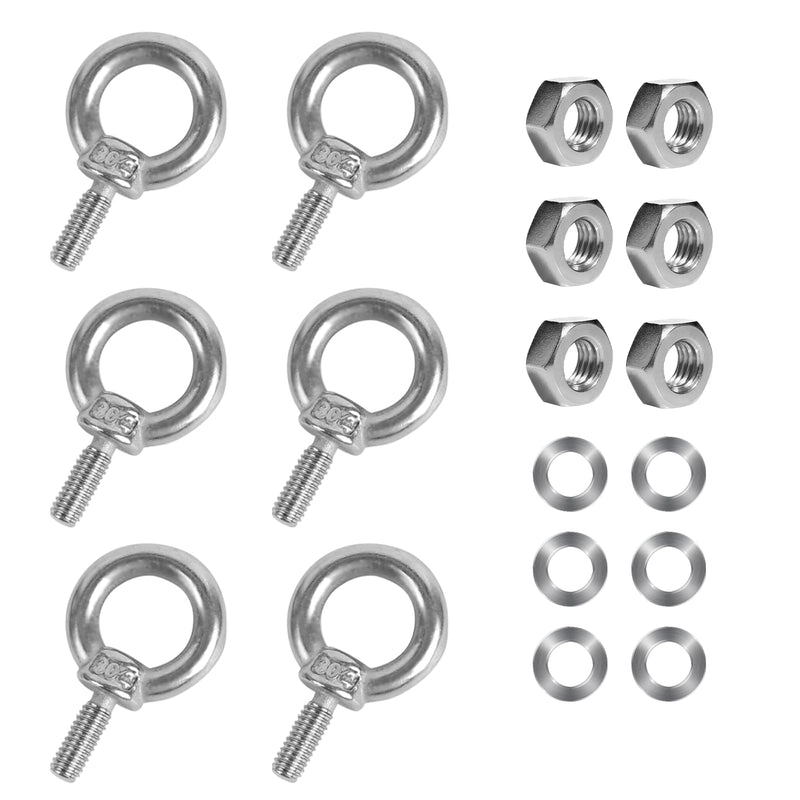 6 Pack M6 Eye Bolts with Nuts Stainless Steel M6 Screw Eyebolt Heavy Duty Eye Bolt Male Screw Thread Ring Shoulder Eye Bolts