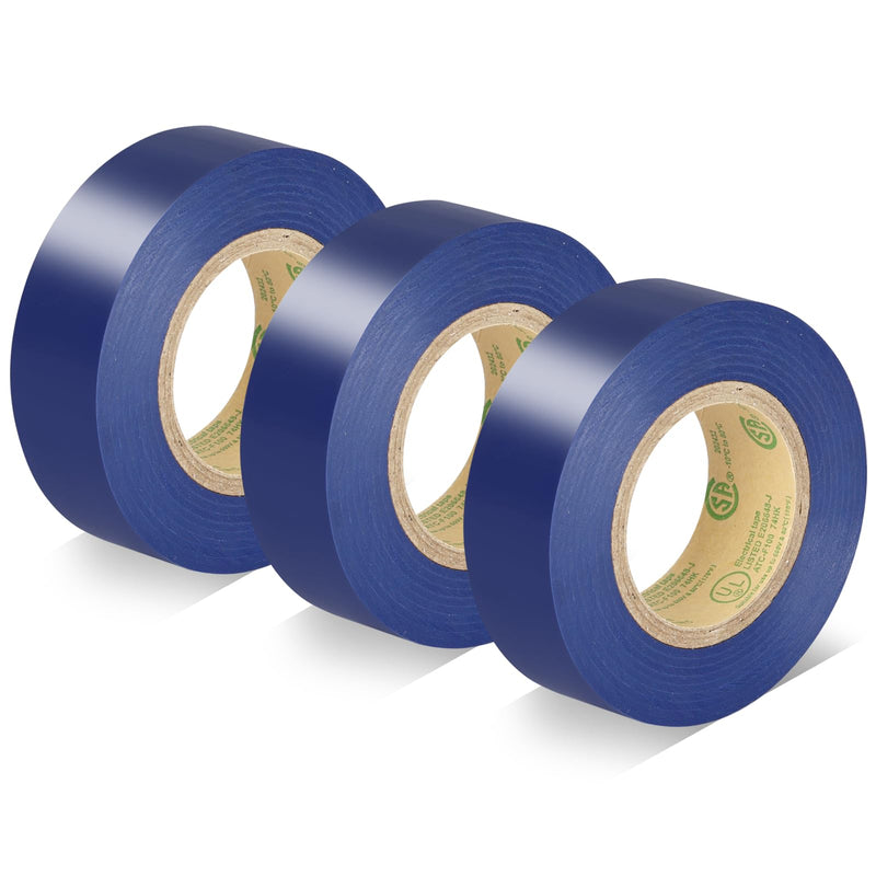 Blue Electrical Tape, UL Approved, Industrial Grade Vinyl Electrical Insulating Tape, Electric Tape for Improvement Electrical Equipment, 0.7in X 33ft (3 Pack) Blue