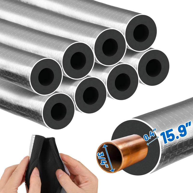 8 Pack Pipe Insulation Foam Tube - 3/4" ID Pre Slit Foam Pipe Covers with Aluminum Foil Self Adhesive Pipe Insulation Wrap for Outdoor Spigot Outside Water Pipe Winter Freeze Protection 8 Pcs