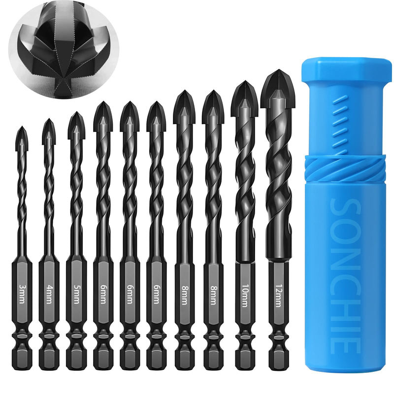 Brick and Stone Drill Bit Set SONCHIE - Upgraded 10-Piece Set of Four-Flute Sawtooth Eccentric Drill bits, Sizes 1/8“-1/2”, Suitable for Tiles Glass Bricks Concrete Ceramics Plastic and Wood