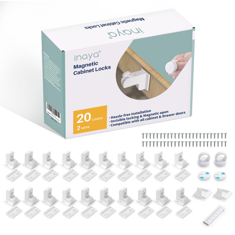 Inaya Magnetic Cabinet Locks Baby Proofing (20 Locks & 2 Keys), Child Safety Magnet Locks for Cabinets & Drawers with Invisible Design, 3M Adhesive for Easy Installation - No Drill & Tool Needed 20 Pack