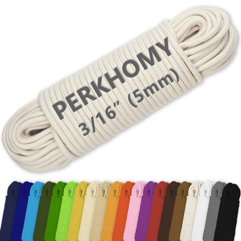 PerkHomy Cotton Rope 3/16" (5mm) 100 ft Multi Purpose Utility Diamond Braided Cord, Natural Cotton for Clothes Line Camping Crafting Flag Pole, Natural White 3/16" x 100'