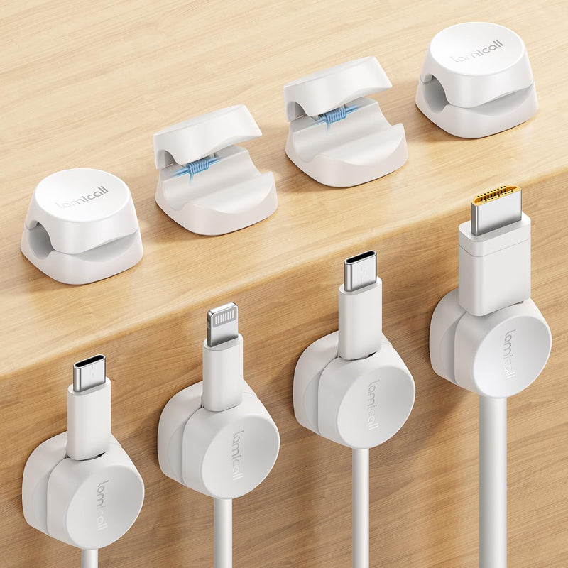 8Pack Cord Organizer [1s Lock] Spring Cable Management Clips - Lamicall Desk Cord Holder, Adhesive Cute Round Cable Clip, Phone Charger Wire Organizer Keeper for Nightstand Car Office Accessory, White 8Pack Snow White