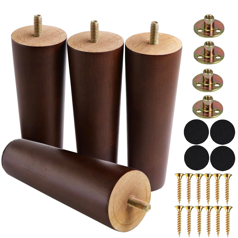 6 Inches Round Solid Wood Furniture Legs Set of 4, Brown Wooden Replacement Feet with Threaded 5/16'' Hanger Bolts for Sofa, Couch, Armchair, Cabinet, TV Stand, Ottoman and Dresser Round 6 inch (Brown)