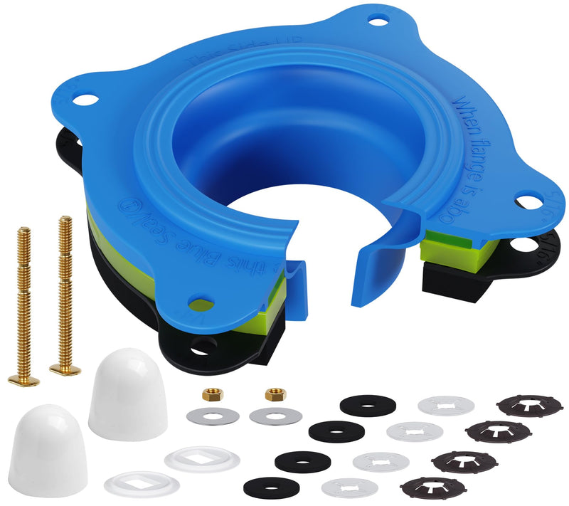 Toilet Flange Repair Kit, Universal Toilet Seal Parts For Wax Seal, Rubber Gasket Ring, Wax-Free Toilet Bowl Replacement kit Include Premium Nuts, Washers, 3.26Inch Bolts, Bolt Caps Blue