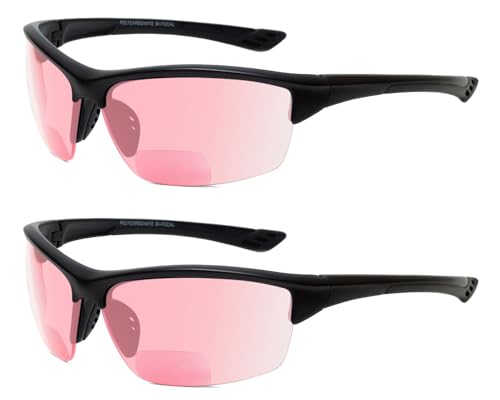 Sport 202BF Bifocal Reading Safety Glasses Readers Men Women Anti Fog Wrap Around Tinted UV Protection Semi-Rimless Gloss Black Fl41 Pink (2 Pack) 2.25 x