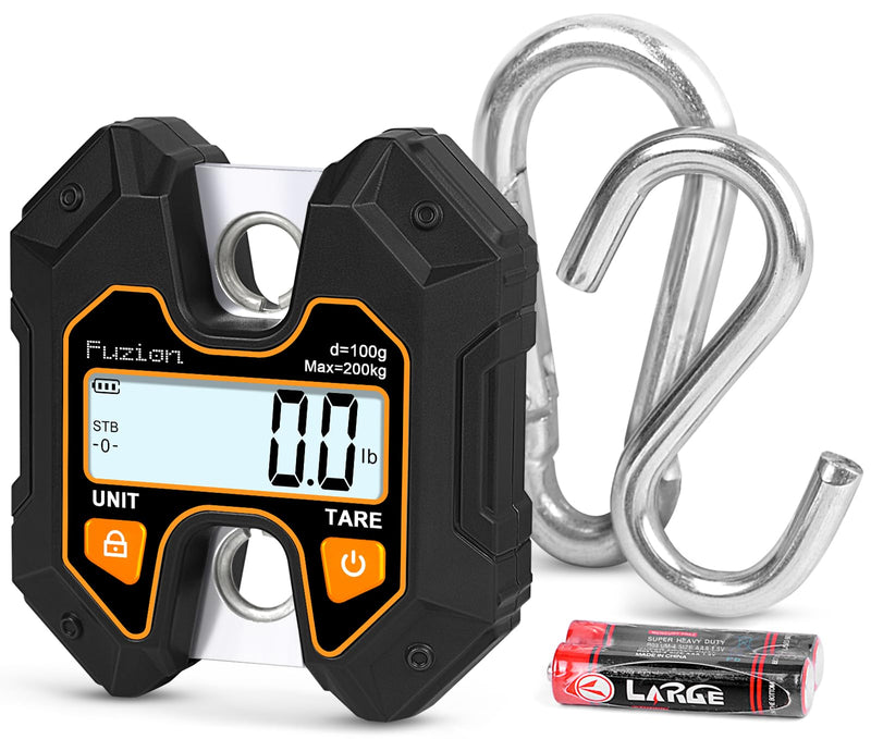 Fuzion Mini Crane Scale - Hanging Scale 440lb/200kg/1960N, Deer Scale with Large LCD Display, Hold & Tare Functions for Hunting, Farms, Fishing, No Setup Required Black+Orange