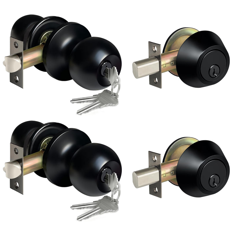 BESTTEN 2 Pack Keyed Same Exterior Door Knobs and Single Cylinder Deadbolts Combo Set, Keyed Alike Entry Door Knobs with Locks and Keys for Entrance and Front Door, Matte Black 2 PK Deadbolt Lockset