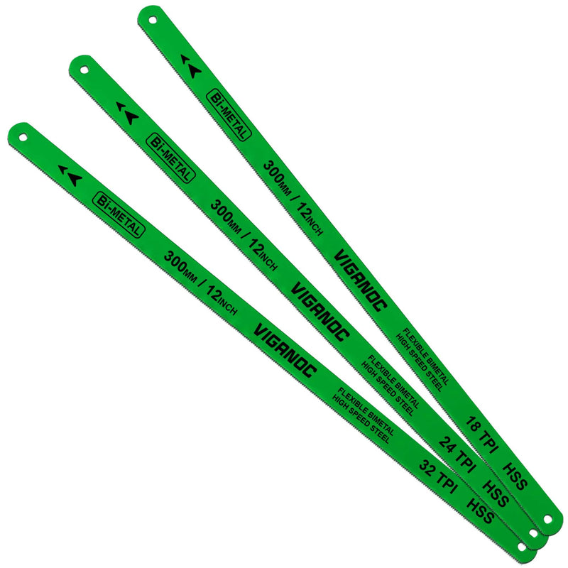 12" Hacksaw Replacement Blades Set, Bi-Metal High Speed Steel Hack Saw Blade Sets - 18T - 24T - 32T HSS Saw Blades, 3 Pack 3pc. Bi-metal blades set