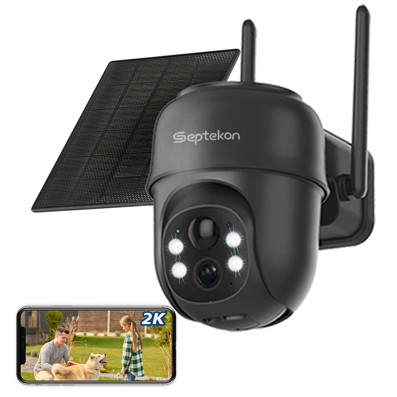 Septekon 2K Solar Security Cameras Wireless Outdoor, 360°PTZ Battery Powered Outdoor Camera, 2.4G WiFi Camera with Spotlight Color Night Vision, Motion Sensor Alarm, IP66, Black