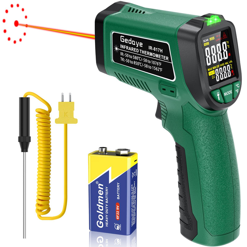 Infrared Thermometer for Cooking, Gedaye Surface Laser Temperature Gun with Laser Pointer 13:1, Metal Probe, Adjustable Emissivity, -58℉ to 1562℉, Thermal Thermometer Gun for Pizza Oven Engine HVAC Green