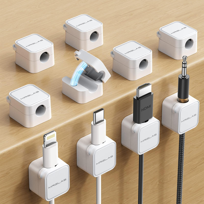 MRGLAS 10-Pack Magnetic Cable Clips Cord Organizer [1s Lock] Cable Holder Clips -Desk Cable Management [Cable Smooth Adjustable], Adhesive Wire Organizer Keeper for Nightstand Desktop Wall Car Office 10 Pack White