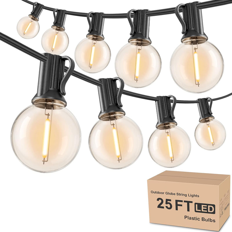 Outdoor String Lights 25ft, G40 Led Patio Lights with 13pcs Plastics Bulbs, Shatterproof Waterproof Connectable Hanging Globe Lights for Porch Cafe Bistro Backyard Gazebo Balcony Party