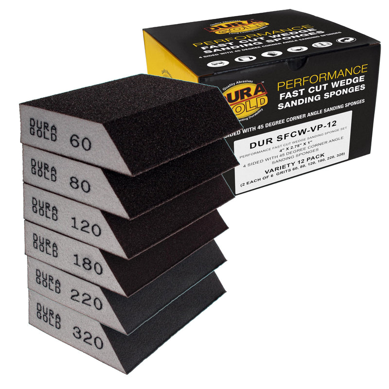 Dura-Gold 4-Sided Hand Sanding Block Sponges with Angled Edge, Variety Pack, Box of 12, Grits 60, 80, 120, 180, 220, 320-3.9" x 2.75" x 1" Wet or Dry Flexible Sandpaper Sand Wood Drywall Metal Paint