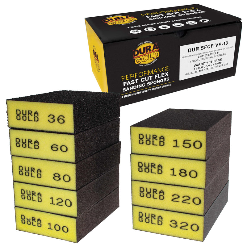 Dura-Gold 4-Sided Hand Sanding Block Sponge Variety Pack, Box of 18, Grits 36, 60, 80, 100, 120, 150, 180, 220, 320-3.9" x 2.75" x 1" Wet or Dry Flexible Sandpaper Pads Sand Wood Drywall Metal Paint 18 Variety Pack