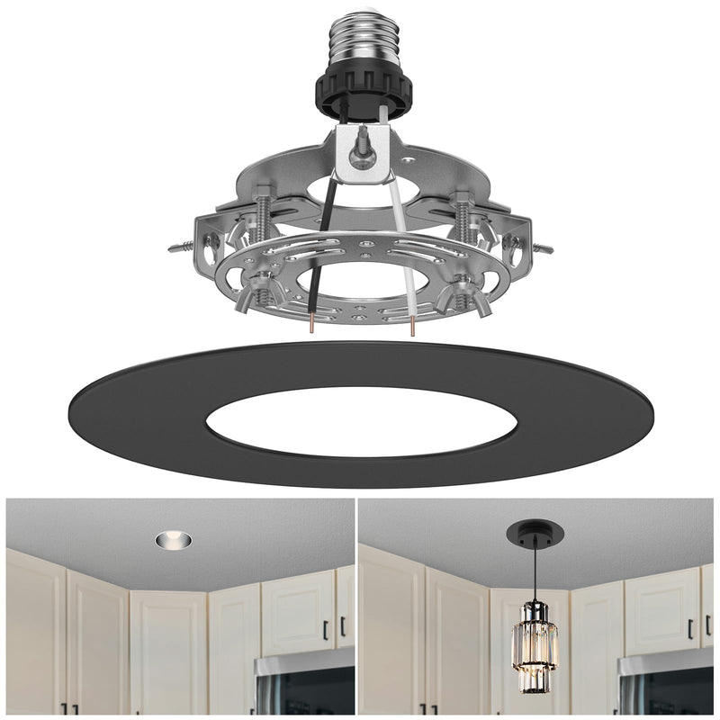 R5 and 6 Recessed Can Light Conversion Kit, Ceiling Light Fixture Upgrade, Pendant & Hanging Light, Ceiling Fan Compatible, 7¾ Inch Flat Steel Ceiling Medallion, Black Finish black-1pc