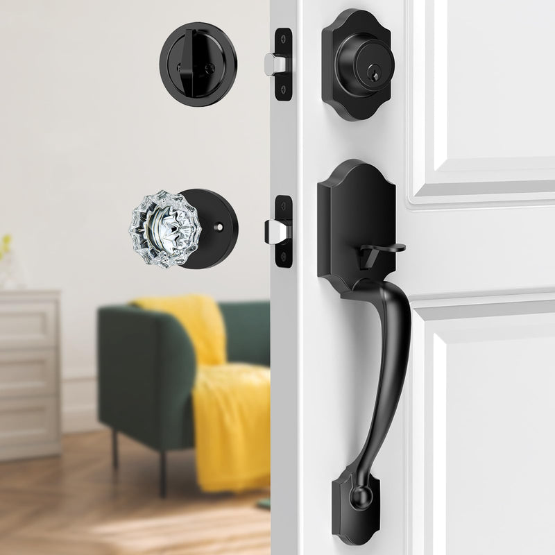 Black Front Door Handle and Deadbolt Set, Classic Front Door Lock Set with Crystal Glass Door Knob, Reversible Entry Door Handle for Right&Left Handed, Matte Black
