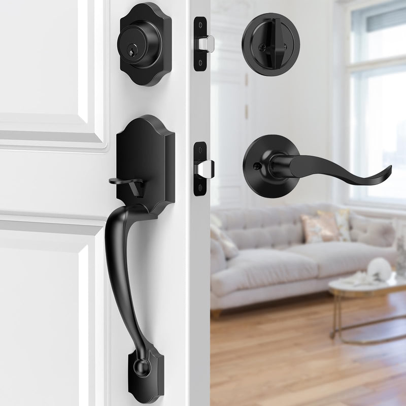 Black Front Door Handle and Deadbolt Set, Classic Lock With Matte Exterior Lever, Reversible Entry for Right & Left Handed Matte Black