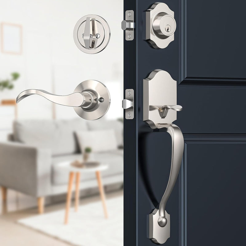 Silver Front Door Handle and Deadbolt Set, Classic Lock With Satin Nickel Exterior Lever, Reversible Entry for Right & Left Handed - NewNest Australia