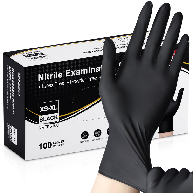 Schneider Nitrile Exam Gloves, Black Latex Free Powder Free Disposable Gloves for Medical, Cooking, Cleaning, and Food Prep 100 Medium