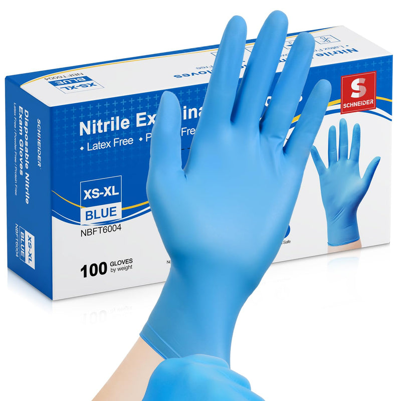 Schneider Nitrile Exam Gloves, Blue Disposable Gloves, Medical Grade, Food Grade, Latex Free, Powder Free 100 Large