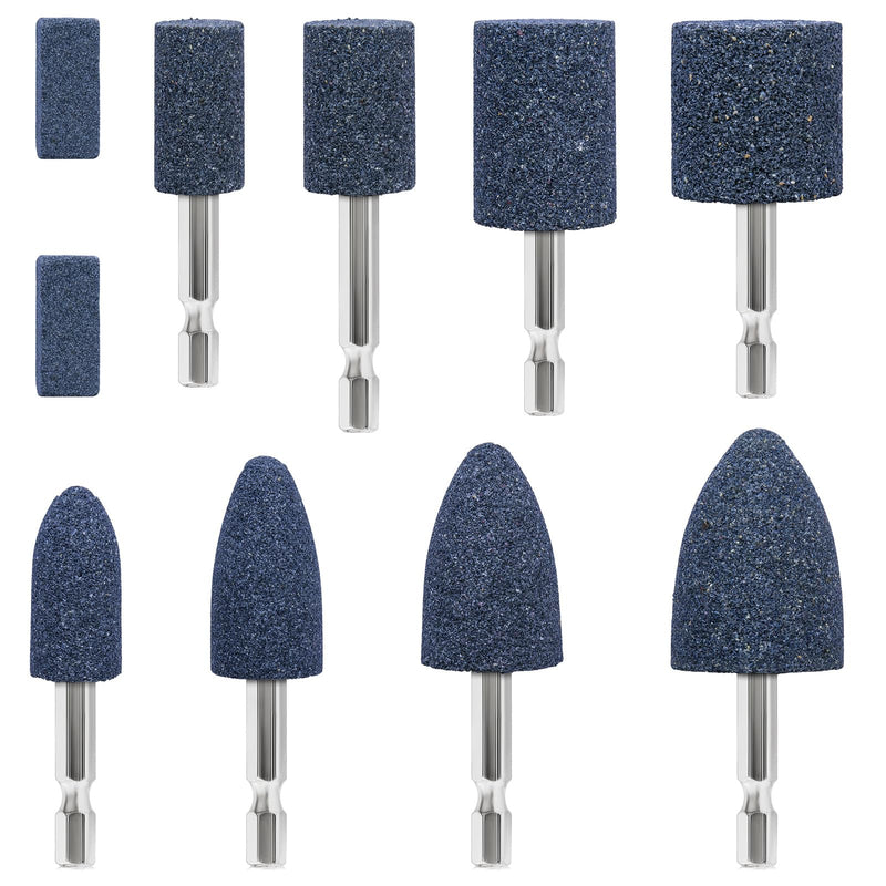 10Pcs Rotary Grinding Stone- 1/4'' Hex Shank Assorted Shape Abrasive Stone Mounted Grinding Point Sharpening Bits for Rotary Tool Drill, Grinding, Polishing