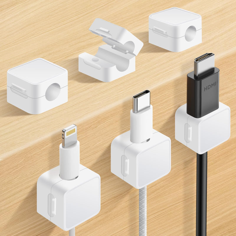 6 Pack Magnetic Cable Clips+2 Sheets (20 Lables) Cute Self-Adhesive Sticker Lables, 11.5mm Ultra Slim Smooth Adjustable Cord Holder, Under Desk Cable Management for Home/Office/Kitchen/Nightstand White