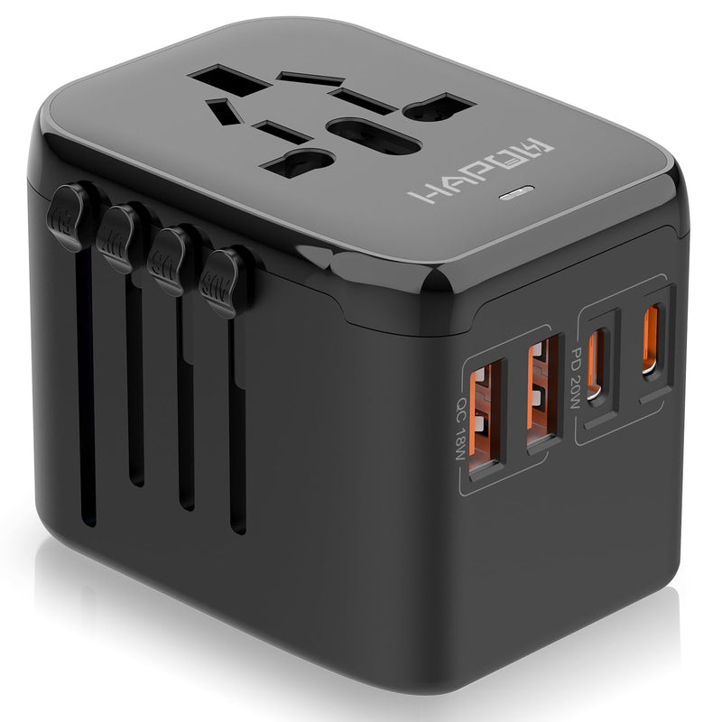 Universal Travel Adapter, PD20W International Power Adapter, 2 USB-C & 2 USB-A Fast Charging Travel Charger, All in One Worldwide Travel Plug Adapter, Outlet Adapter for Europe EU UK USA AU 2 USB A+2 USB C(PD20W) Black