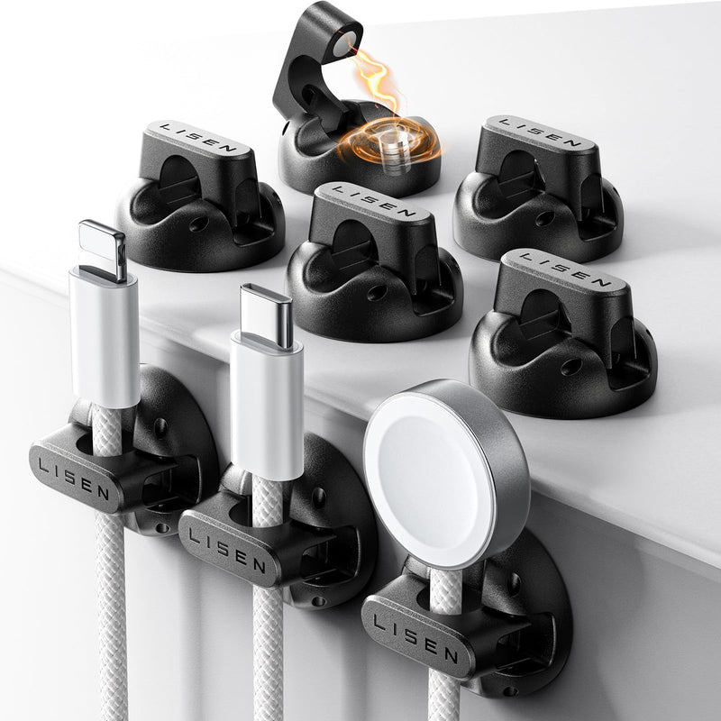 8-Pack Magnetic Cable Clips [1S Snap-On] Desk Cord Organizer, LISEN Office Desk Organizers and Accessories with 4 Extra Strong Adhesive Pads, Cord Holder for Nightstand, Home, Wall, Car, Desktop Black