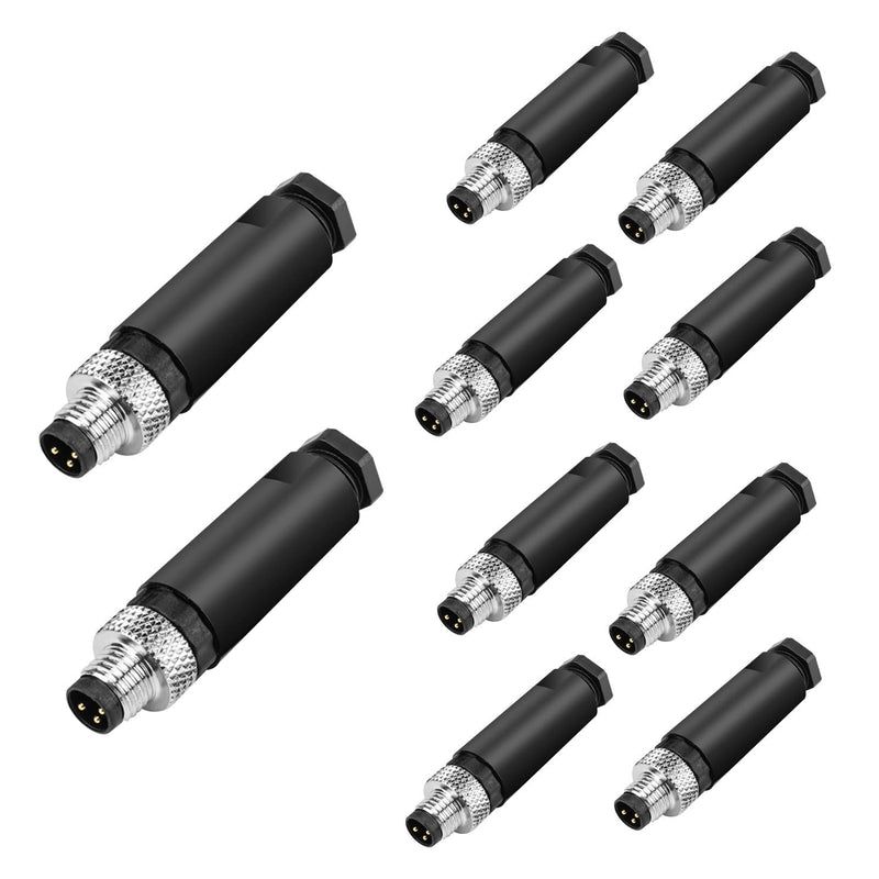 10Pcs M8 3-Pin Aviation Connector Male, Industrial A Coding Field Assembly Plug 8mm IP67 Waterproof for Circular Socket Panel Sensor 3 Pins M8 Straight Male