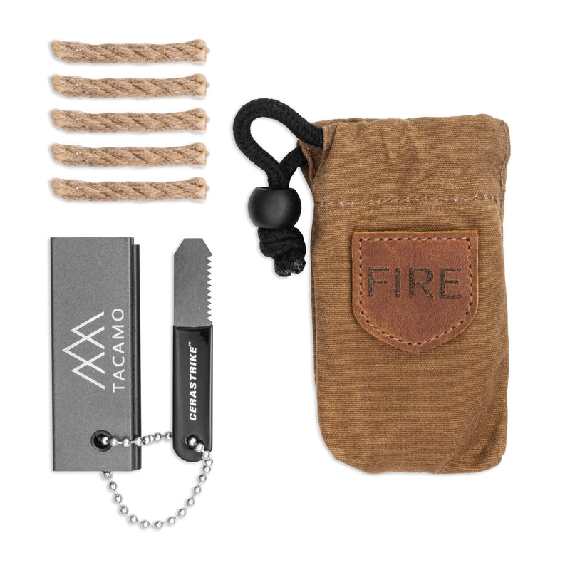 Mini Emergency Fire Starter Kit 4.5” x 2.5” x 1”, 2.5oz - Compact All-Weather Survival Fire Making Kit with Ferro Rod, Cerastrike Ceramic Scraper, Tinder Tabs & Canvas Storage Bag